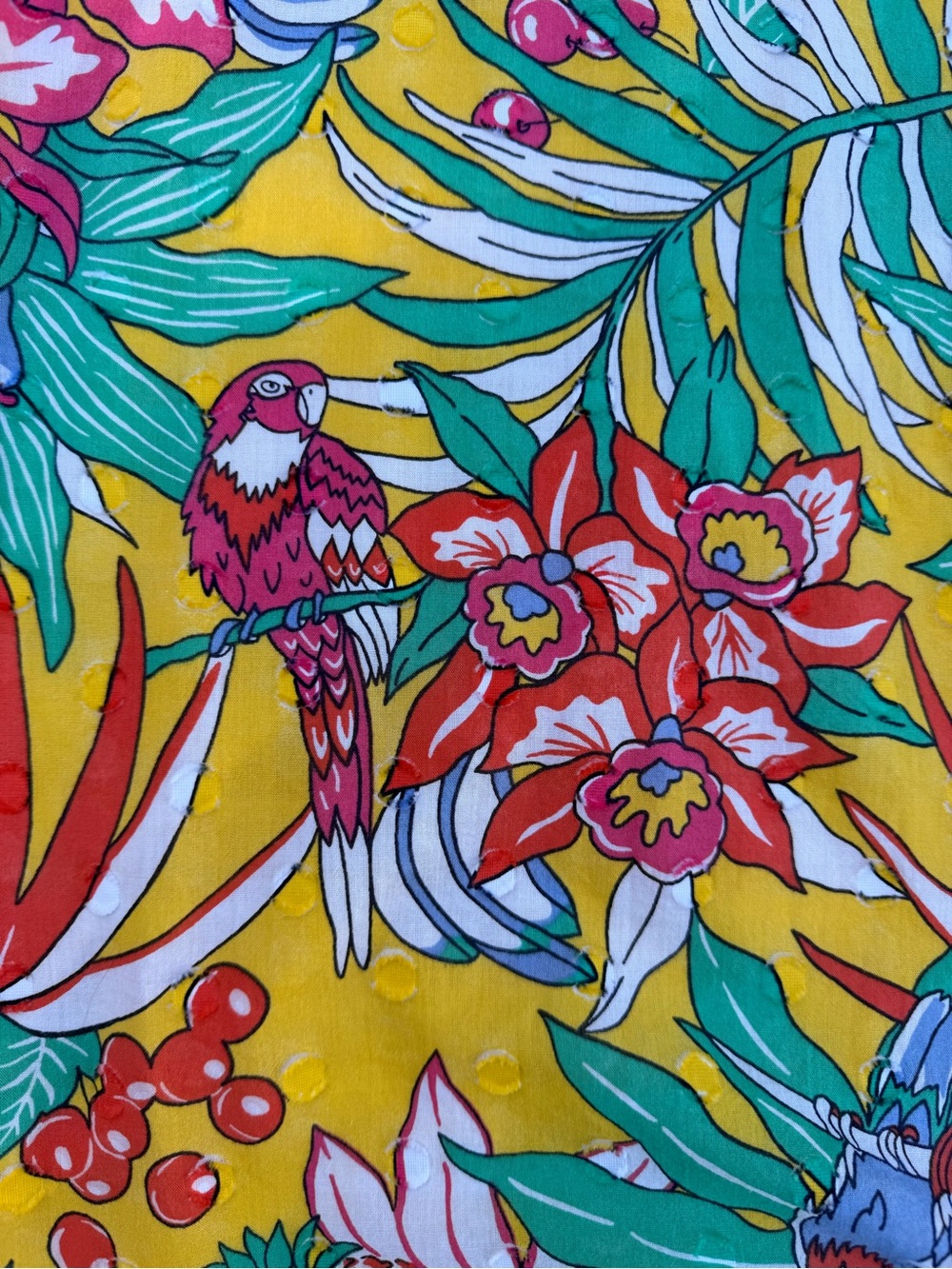 Talbots Tropical Print 100% Cotton Dress Size 6 Yellow Floral Parrot Midi Belted - Picture 12 of 12